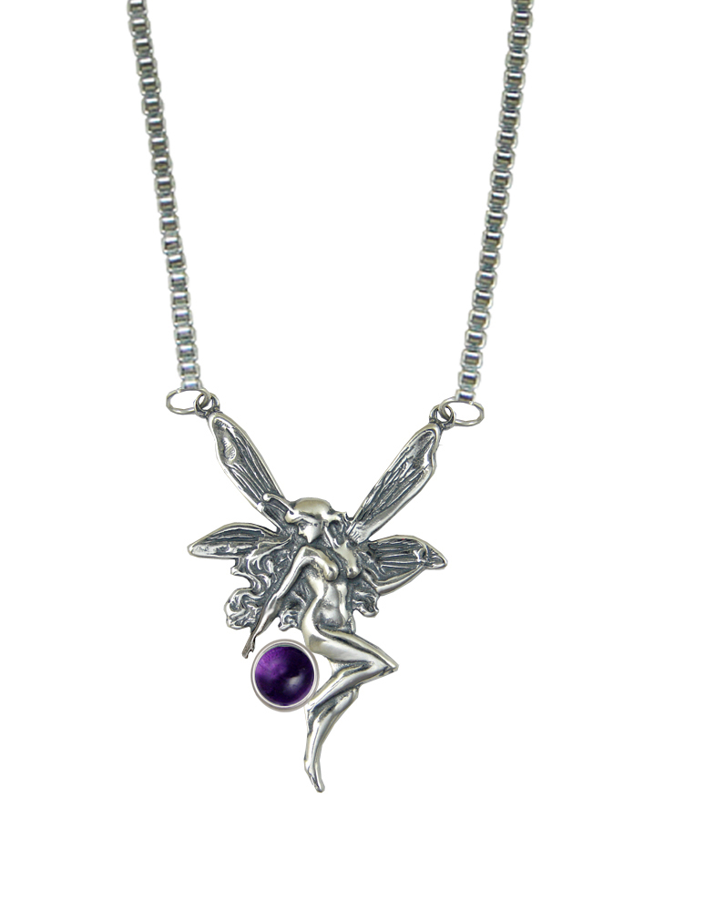Sterling Silver Victorian Winged Fairy Necklace With Amethyst